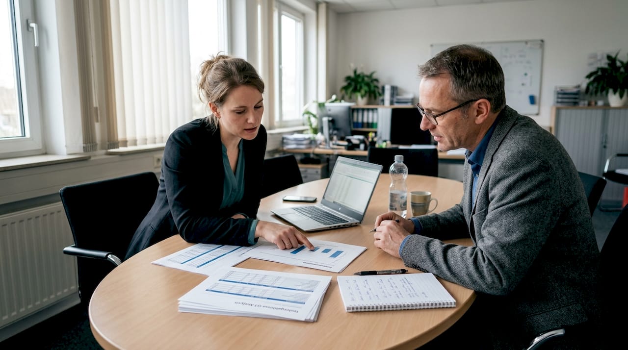 Unternehmer tauschen sich über die aktuellen Ergebnisse aus.