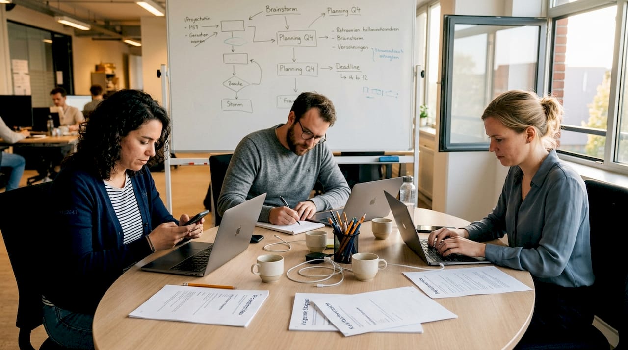 Een groep hackathon-deelnemers werkt samen aan een lange tafel, druk bezig met laptops en brainstormen over nieuwe ideeën.