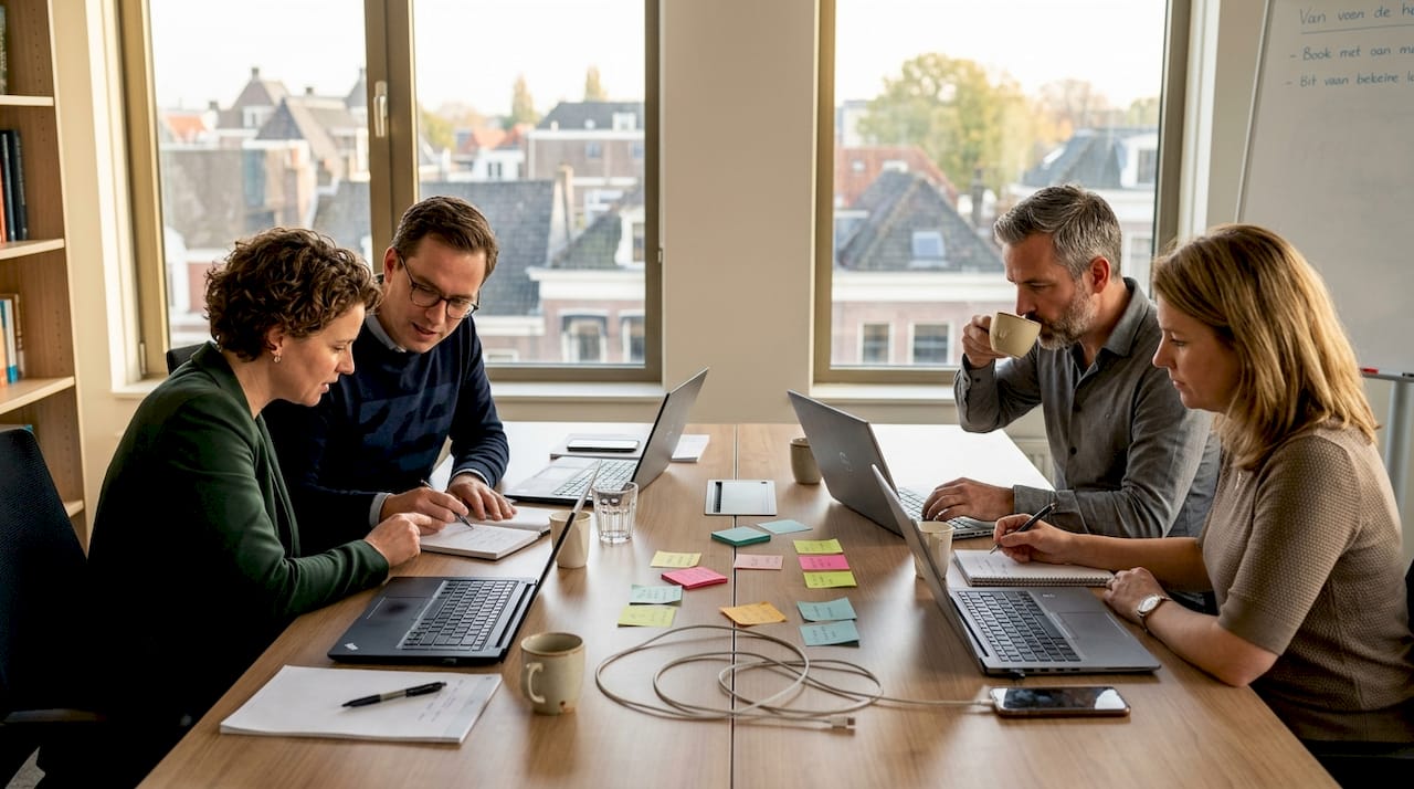 Een team werkt samen op kantoor om een zakelijke uitdaging aan te pakken.