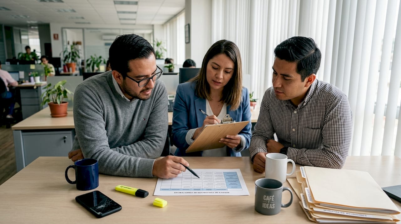 El equipo está revisando y debatiendo la rúbrica de evaluación en la sala de reuniones.