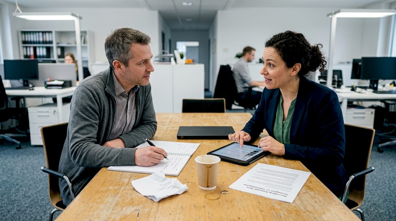 Das HR-Team stimmt sich gemeinsam ab, um den Evaluierungsprozess vorzubereiten.