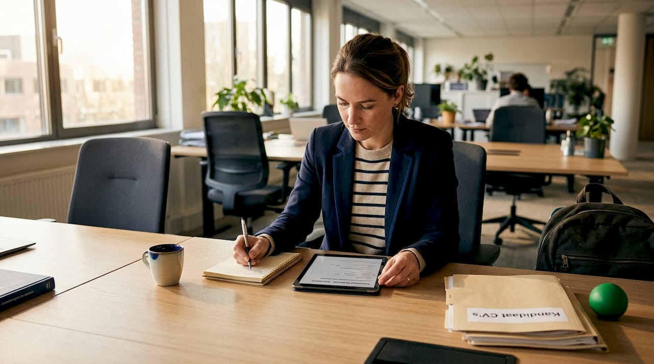 Een recruiter bekijkt de resultaten van een assessment aan zijn bureau.