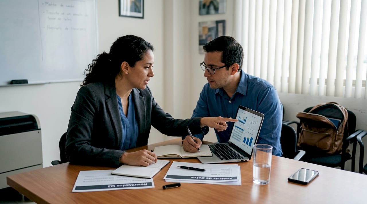 Equipo de trabajo revisando los resultados de gestión de talento en una reunión ejecutiva.