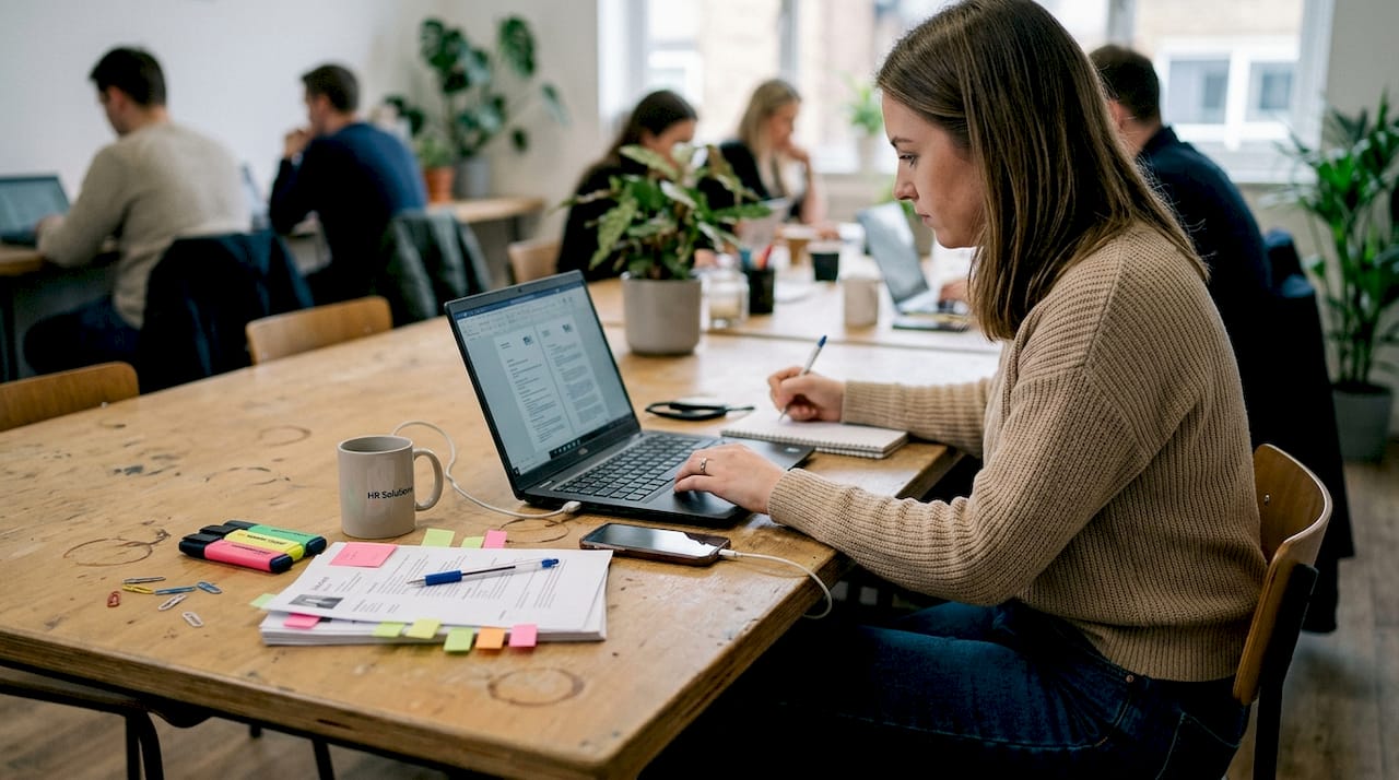 Recruiter reviewing candidate resumes on laptop
