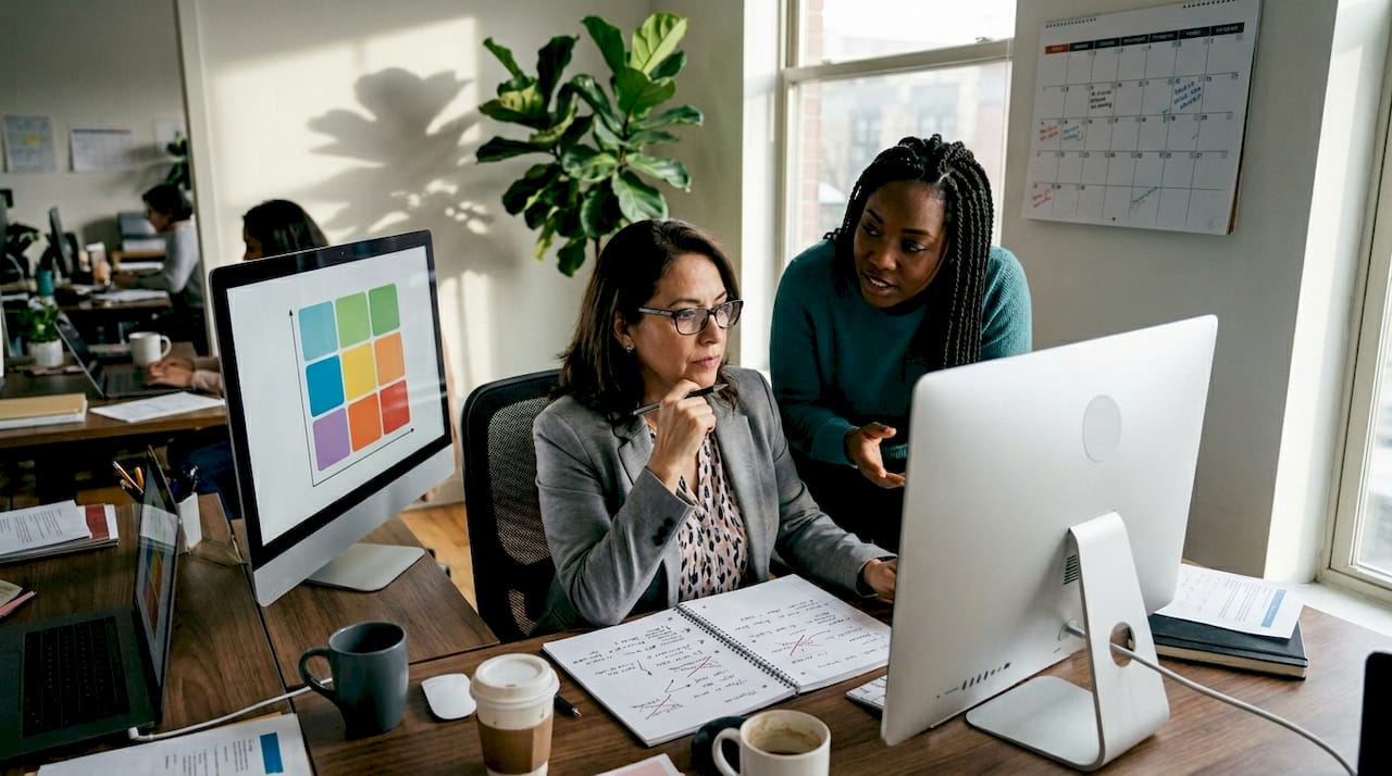 Un grupo de expertos analiza la matriz 9-box durante una reunión en la oficina.