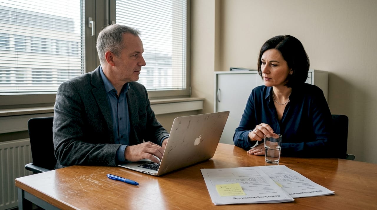 Das Gespräch zwischen Interviewerin und Bewerberin verläuft klar strukturiert und zielgerichtet.