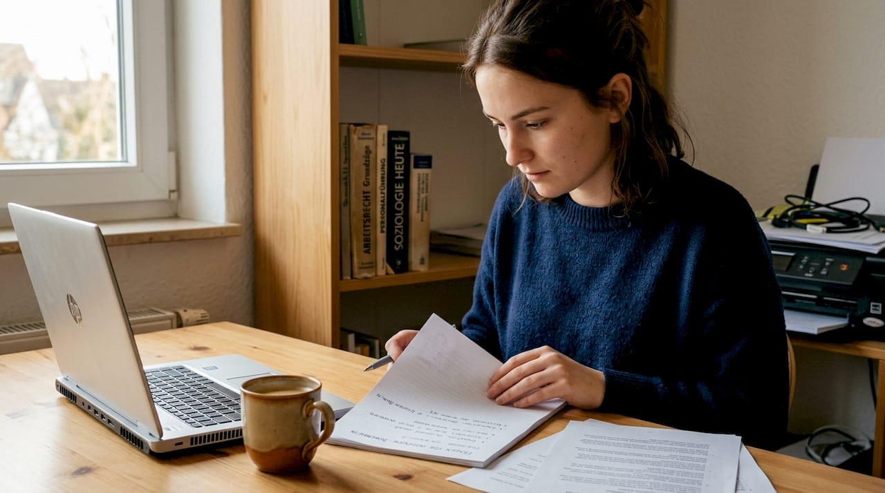 Am Schreibtisch sitzt jemand und sammelt Fragen für ein bevorstehendes Interview.