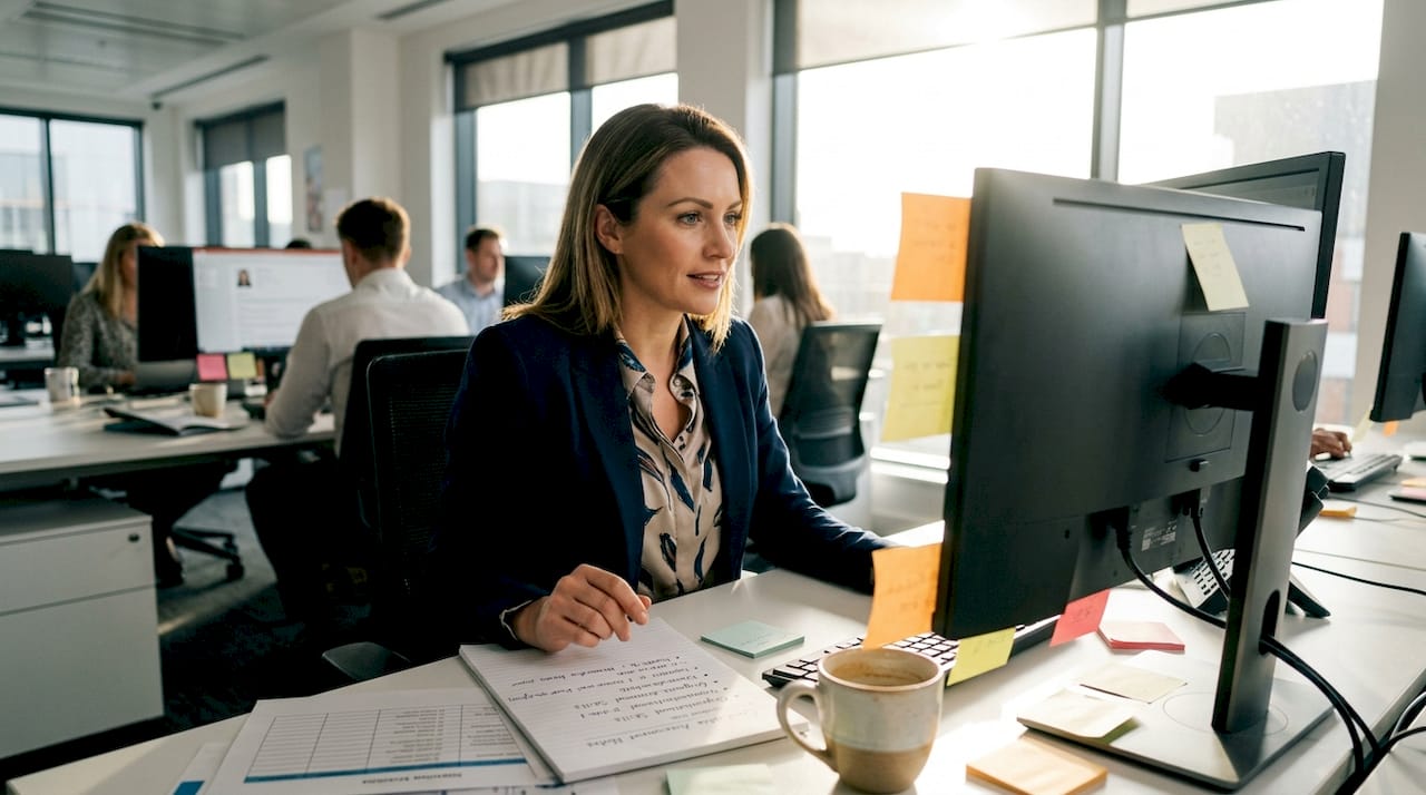 Manager reading candidate applications at shared desk