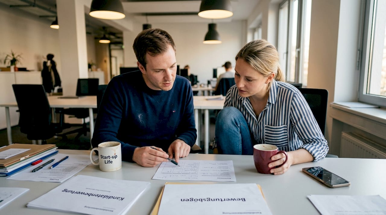 Im Büro bespricht das Team gemeinsam die Ergebnisse der Vorstellungsgespräche.