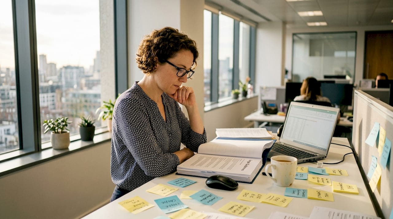 HR manager reviewing compliance documents in office