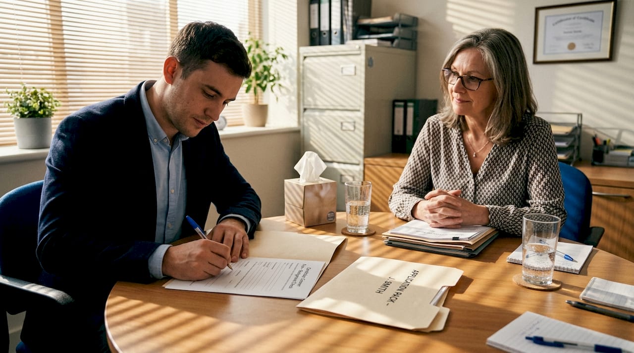 Candidate signing consent form at HR table