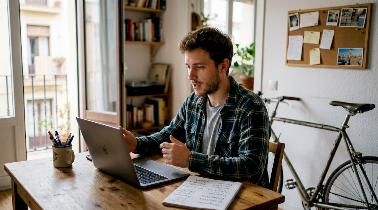 Profesional del sector tecnológico realizando una entrevista desde su espacio de trabajo en casa