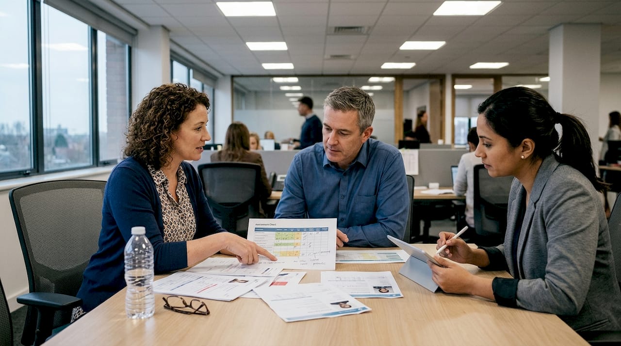 Het HR-team zit samen om de uitkomsten van de beoordelingen te bespreken.
