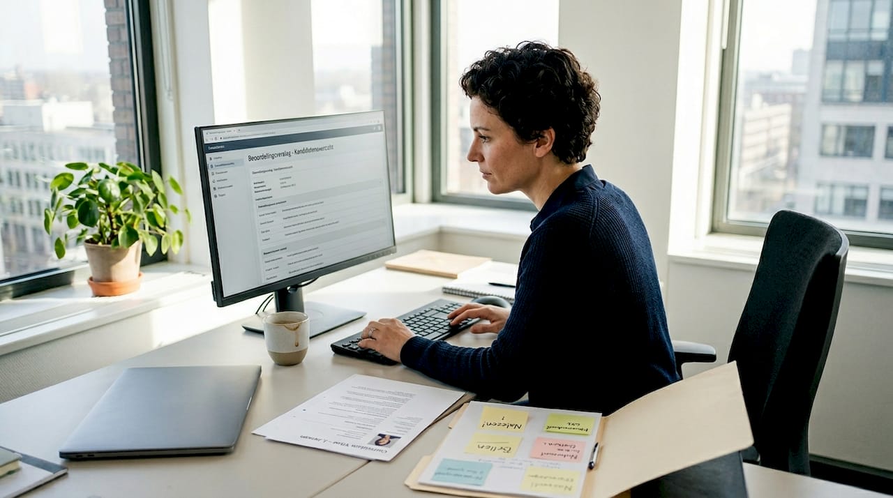 Een HR-manager bekijkt beoordelingsgegevens aan het bureau.