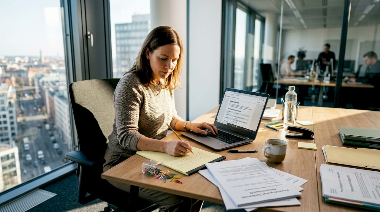 Die Personalverantwortliche prüft die Ergebnisse psychologischer Eignungstests.