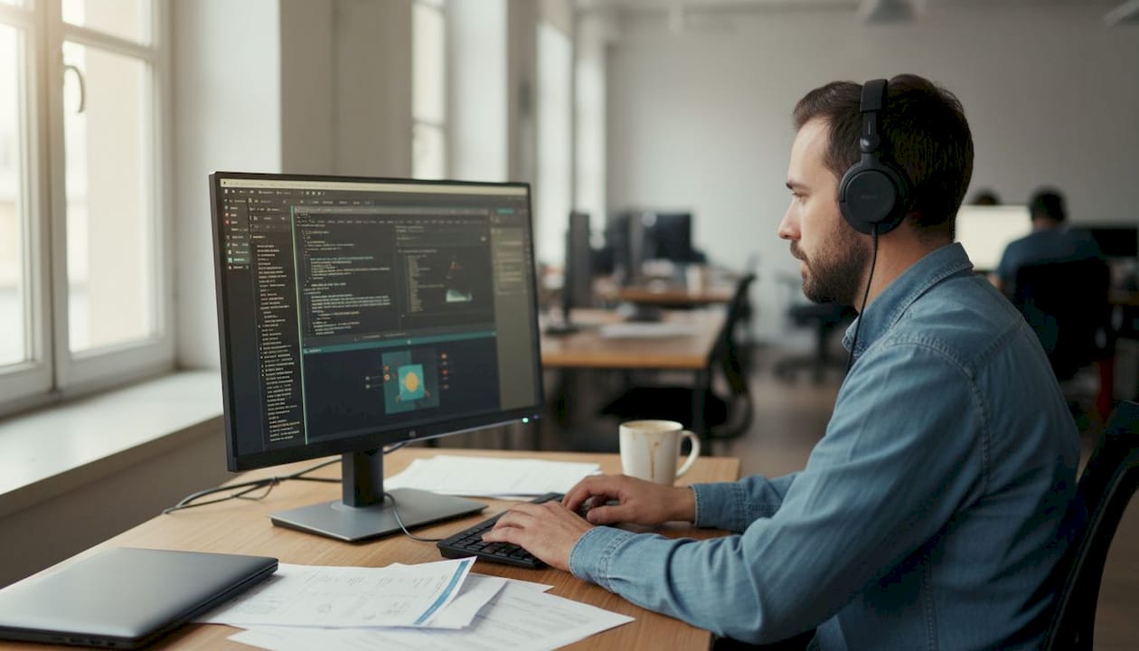 Programador trabajando en un desafío práctico desde su escritorio