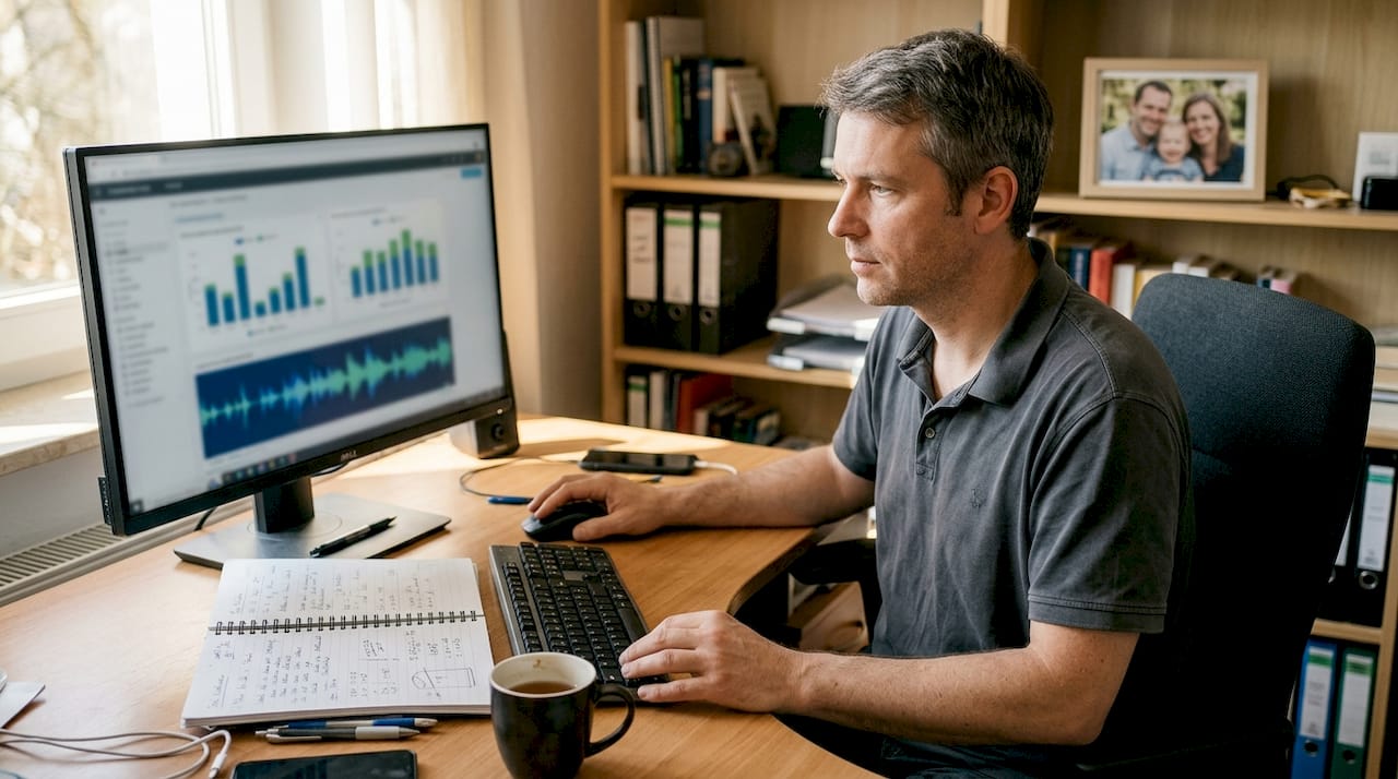 Ein Mann verfolgt die Auswertung einer KI am Computer.