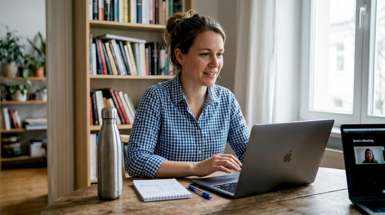 Kandidatin führt ein Vorstellungsgespräch per Video im heimischen Wohnzimmer