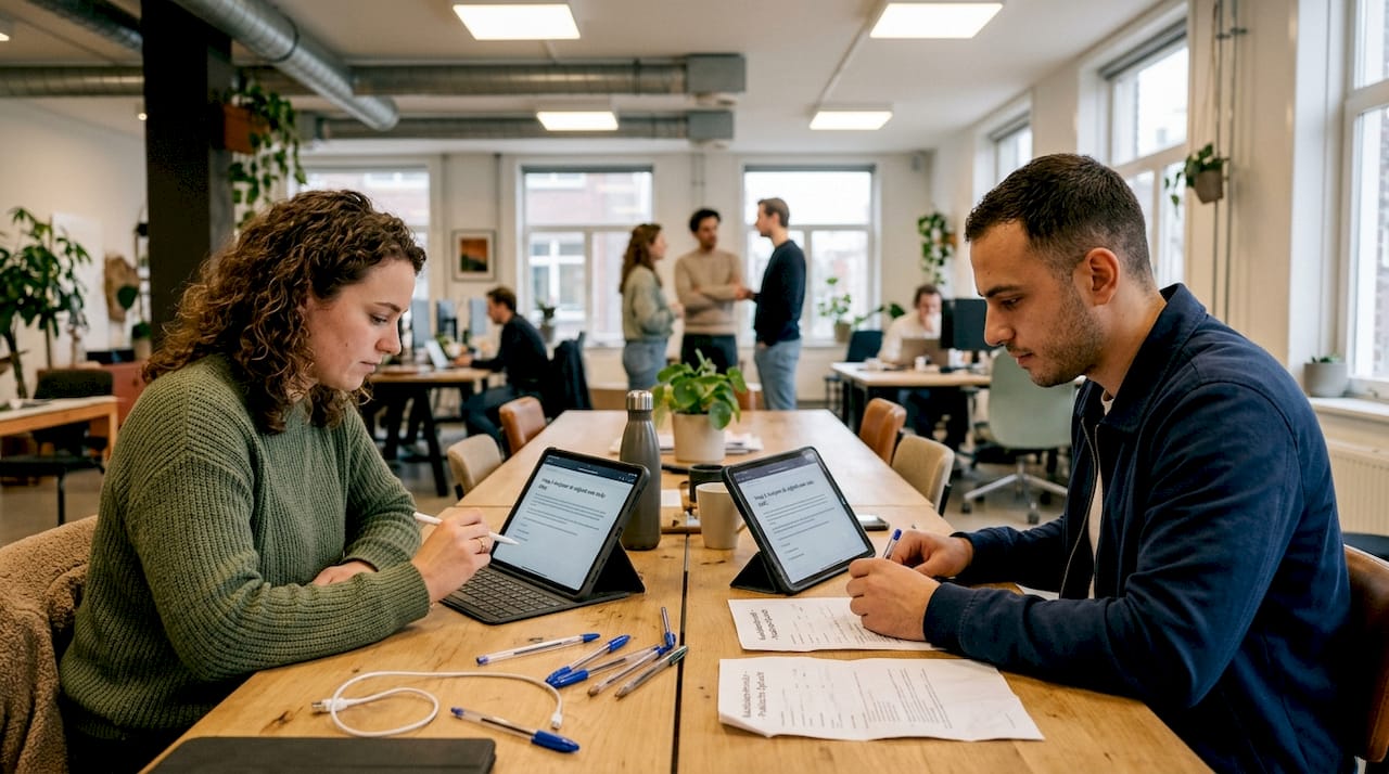 Kandidaten leggen een praktijktoets af in een open werkomgeving.