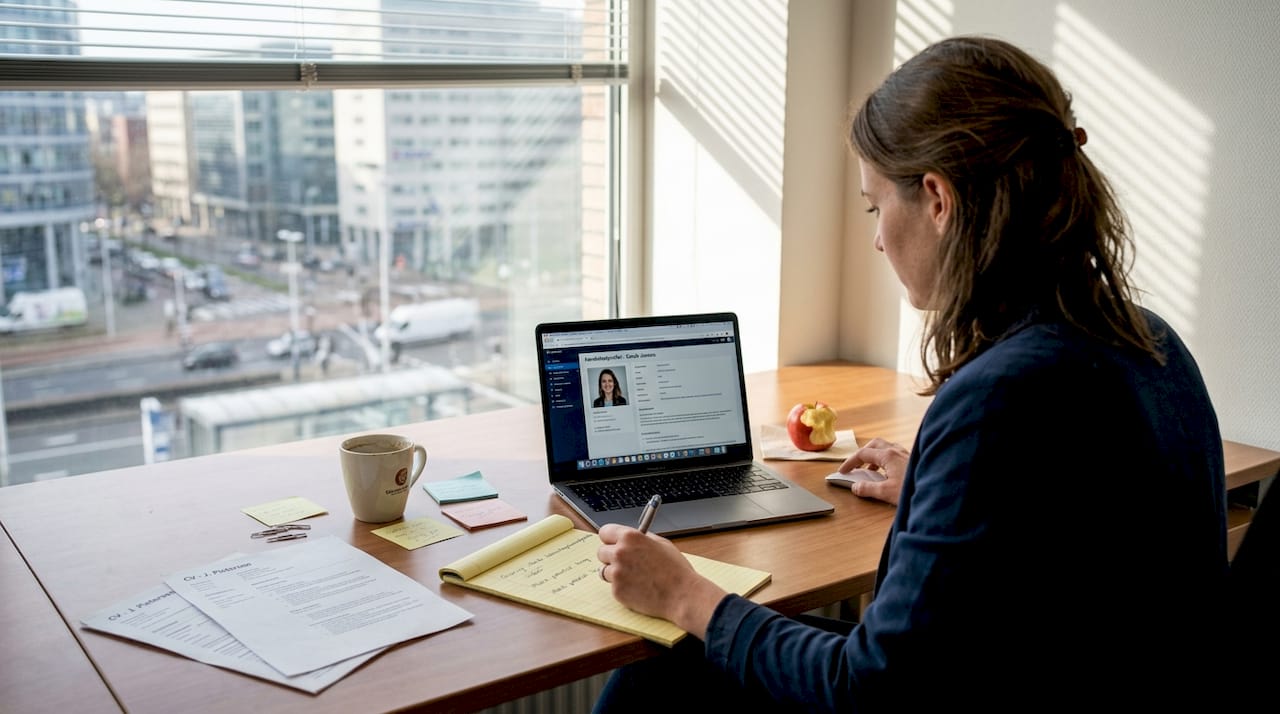 Een recruiter bekijkt aan zijn bureau cv’s die focussen op vaardigheden.