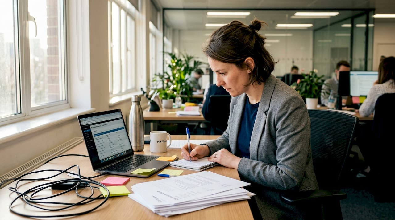 HR manager reviewing assessments in busy office