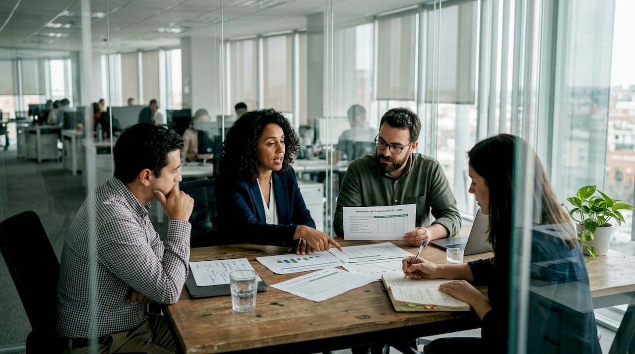 El equipo se reúne en la oficina para analizar y debatir las competencias de cada miembro.
