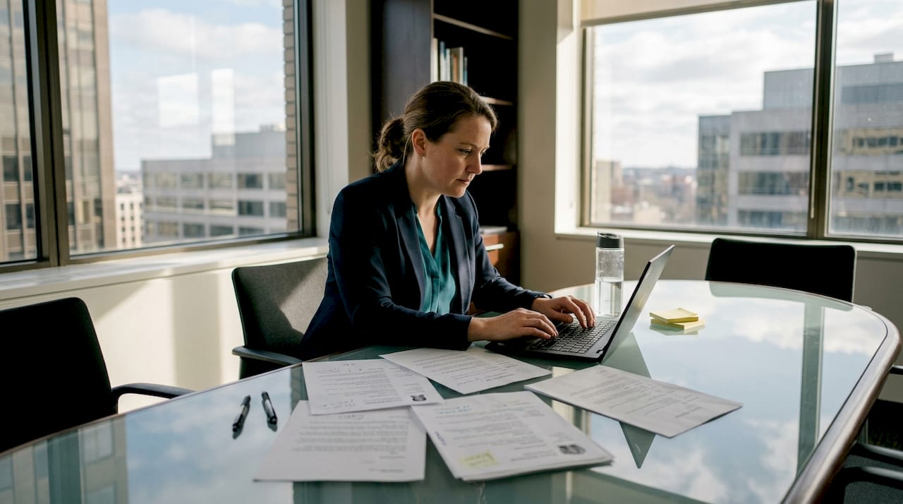Manager reviewing resumes at conference table