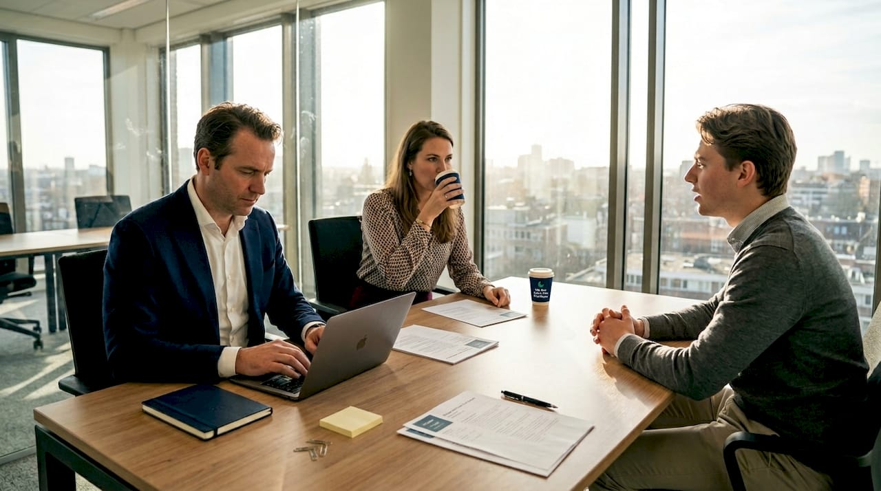 Een sollicitatiecommissie en de kandidaat zitten samen in een vergaderruimte.