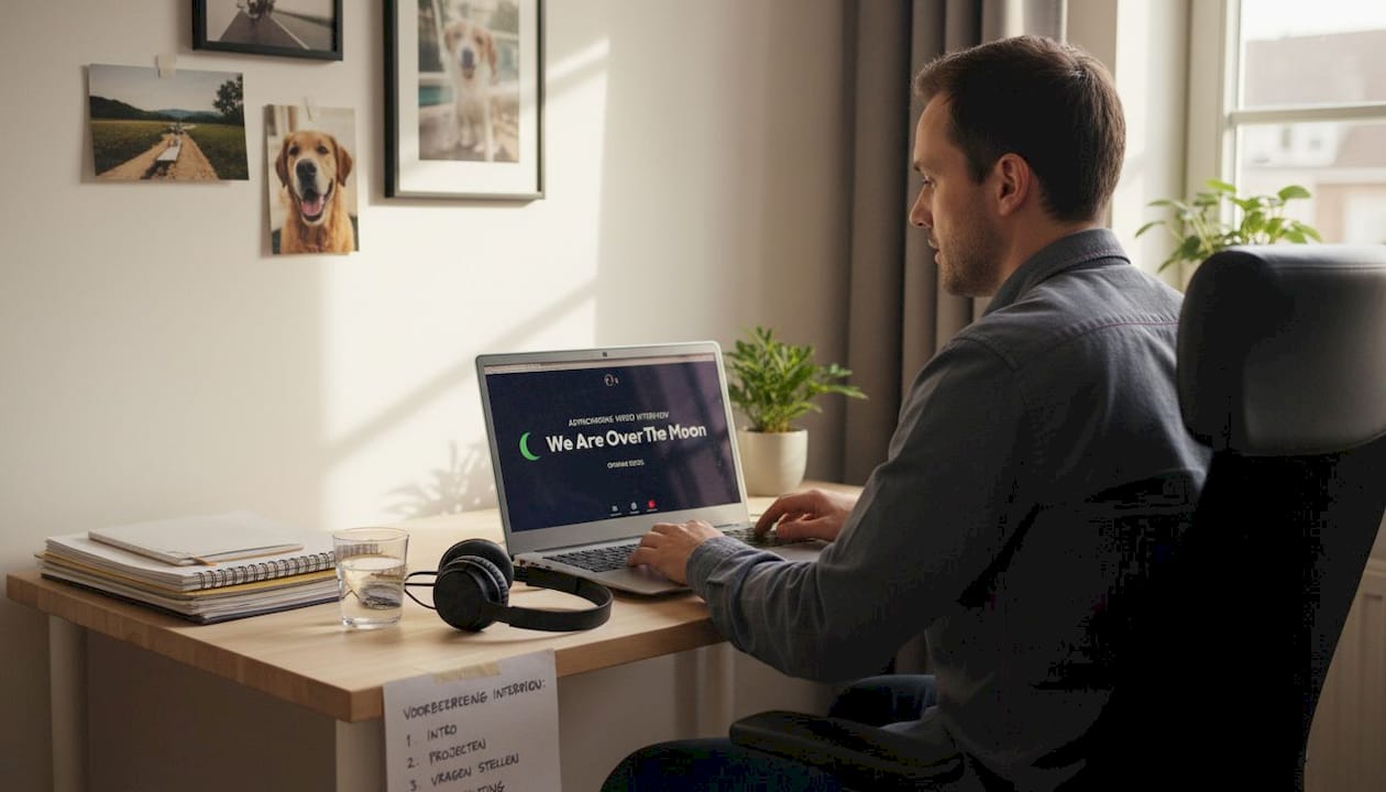 Een sollicitant neemt thuis een video-interview op.