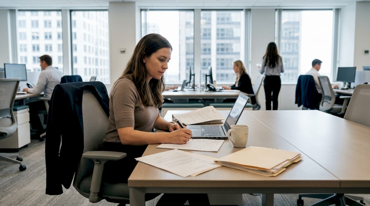 Profesional de recursos humanos revisando documentos laborales en su despacho.