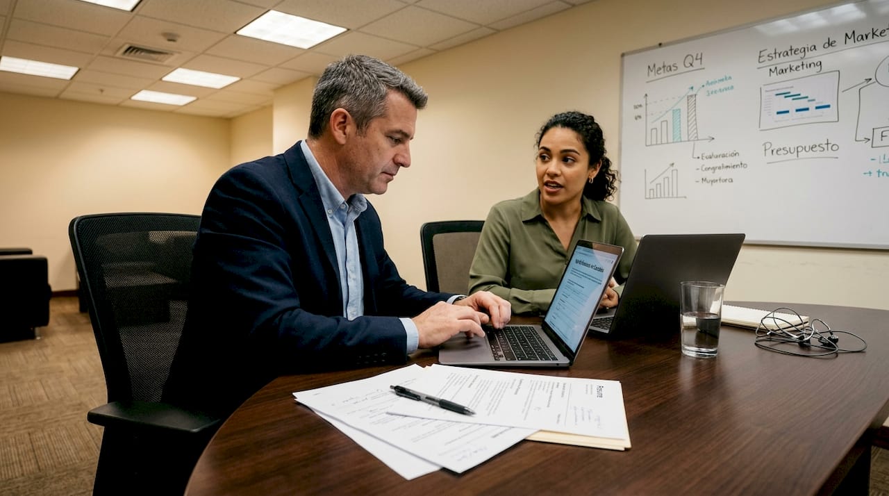 Gerente utilizando la metodología STAR para evaluar al equipo durante la reunión