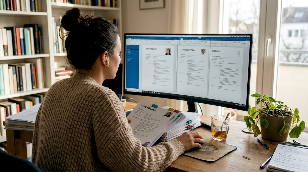 Eine Person sitzt am Schreibtisch und prüft digitale Lebensläufe in mehreren Sprachen.