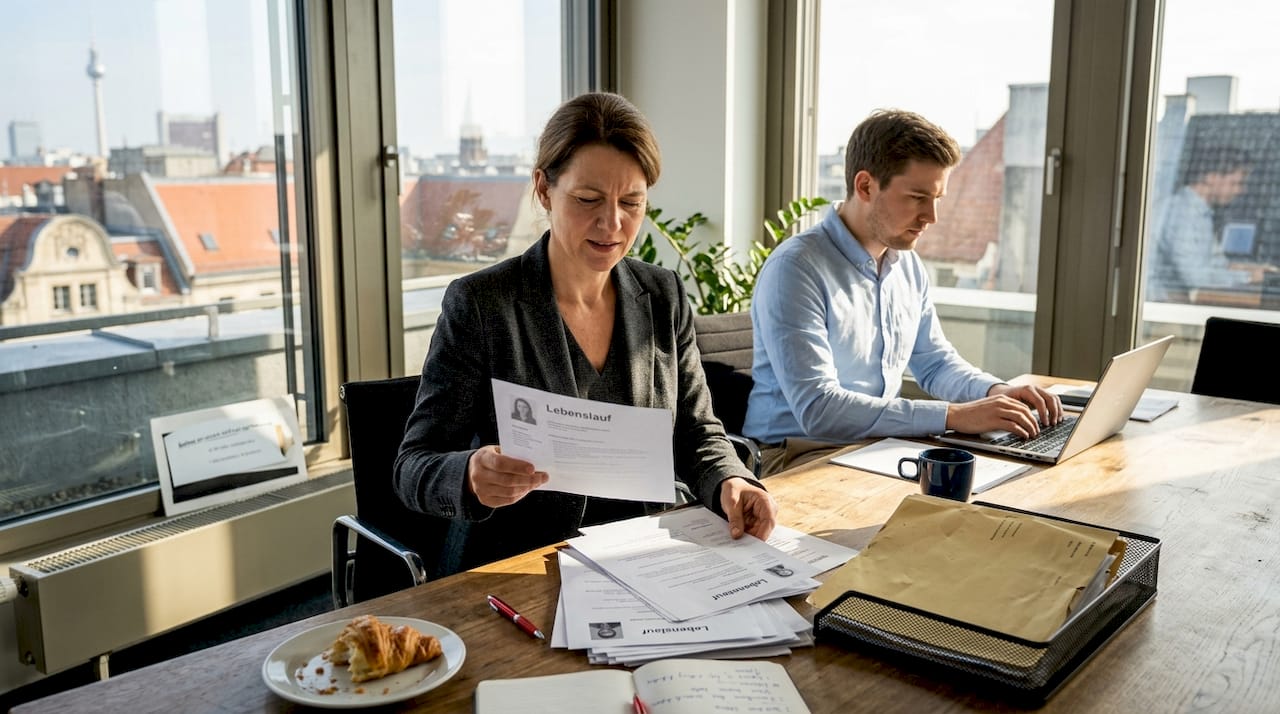 Das HR-Team sichtet gemeinsam am Besprechungstisch ausgedruckte Lebensläufe.