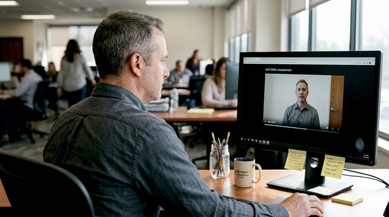 HR manager evaluating candidate interview playback