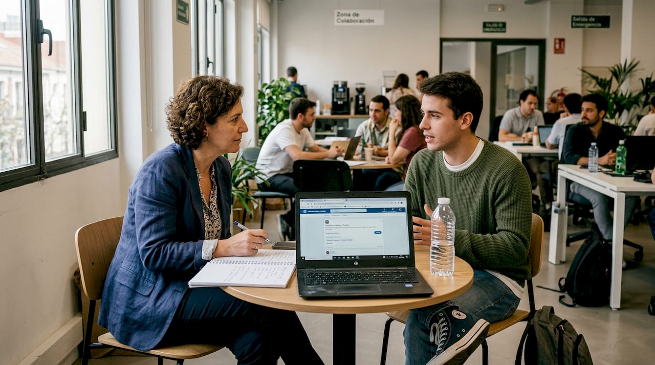 Entrevista laboral entre reclutador y candidato en un entorno multicultural