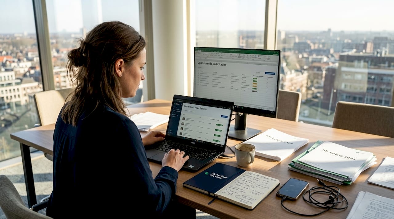 Op kantoor gaat de recruiter door de stapel sollicitaties heen.