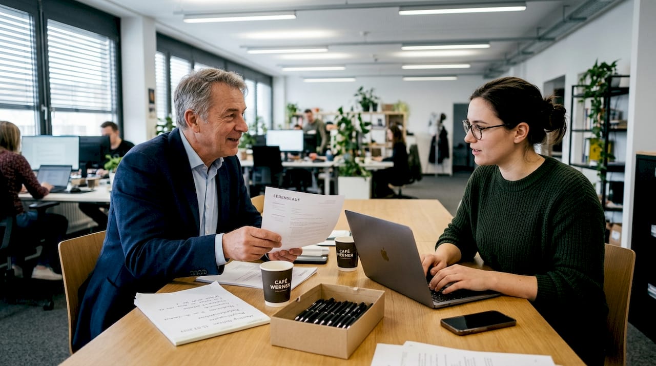 Mehrere Kollegen sitzen gemeinsam am Tisch und tauschen sich über Möglichkeiten zur Mitarbeiterempfehlung aus.