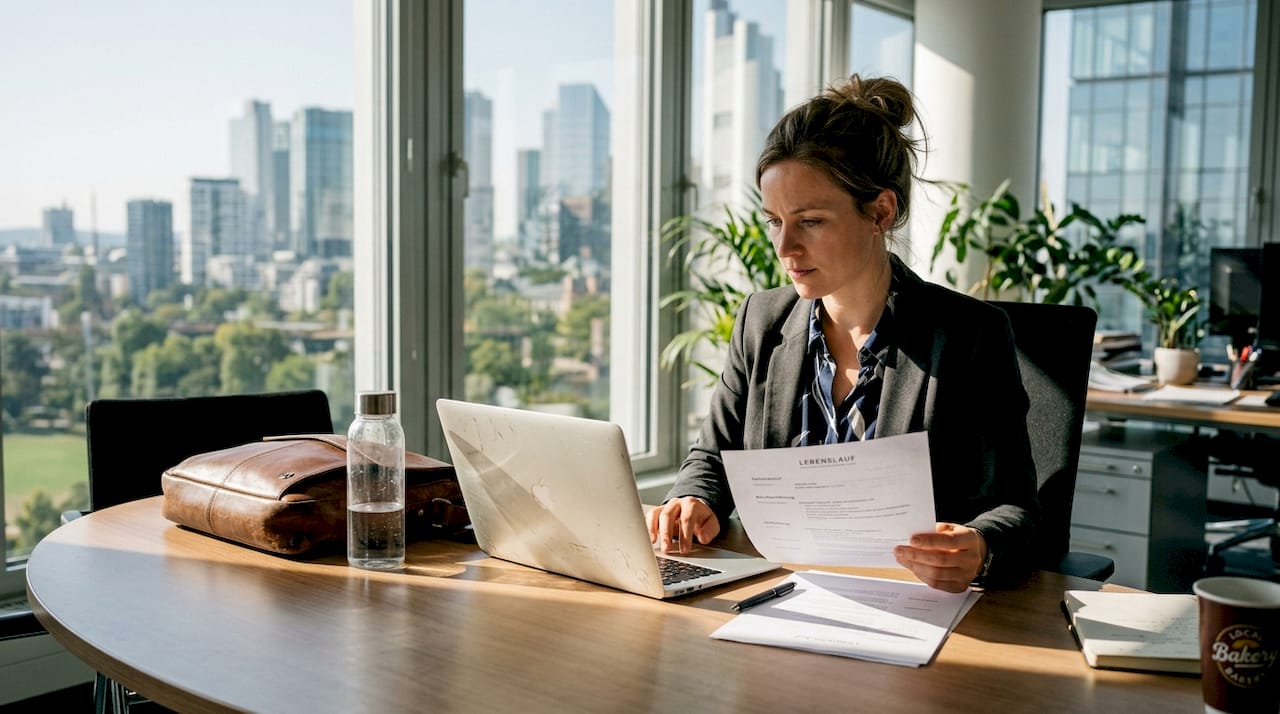 Eine Personalmanagerin sitzt am Schreibtisch und prüft aufmerksam die Bewerbungsunterlagen eines Kandidaten.