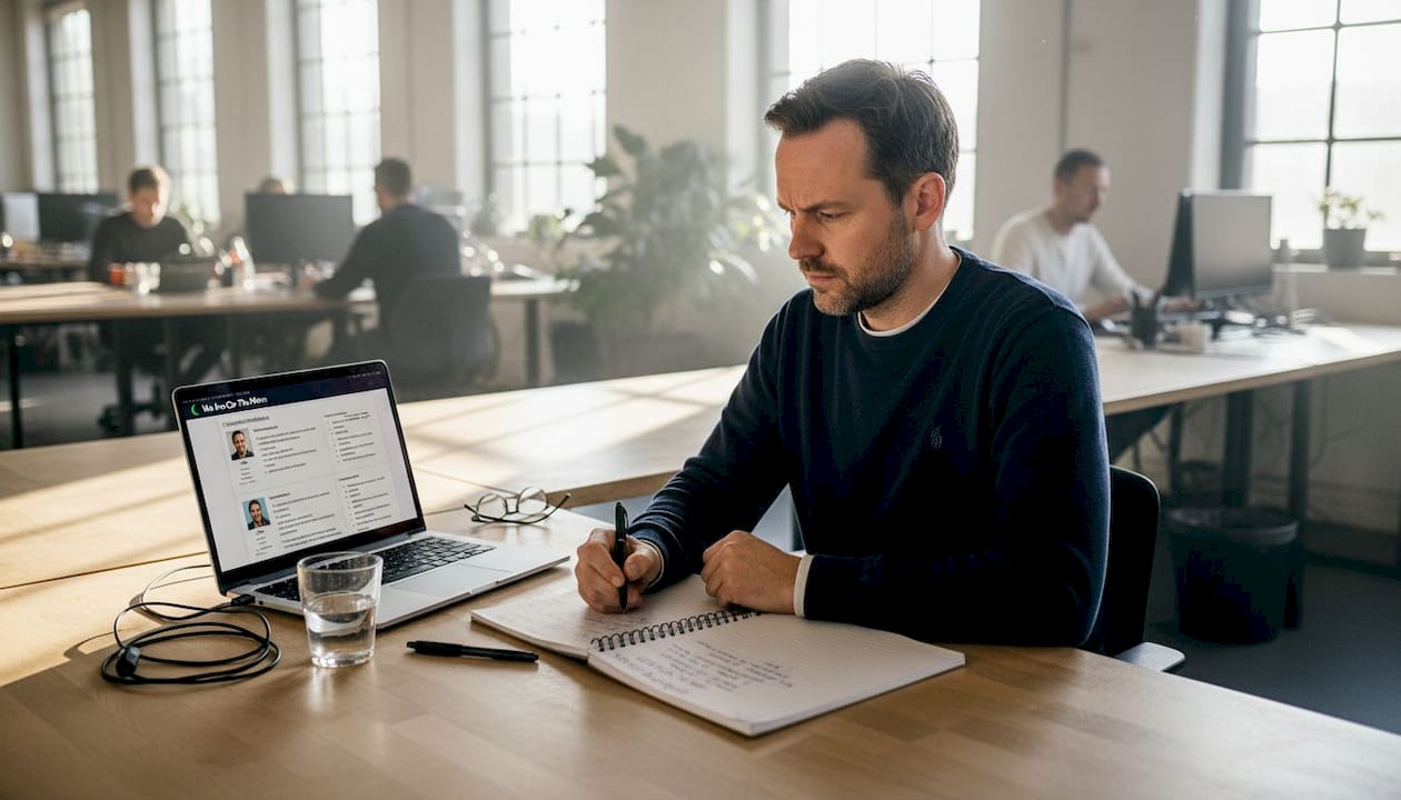 In een druk kantoor bekijkt een professional zorgvuldig de sollicitanten voor een openstaande functie.