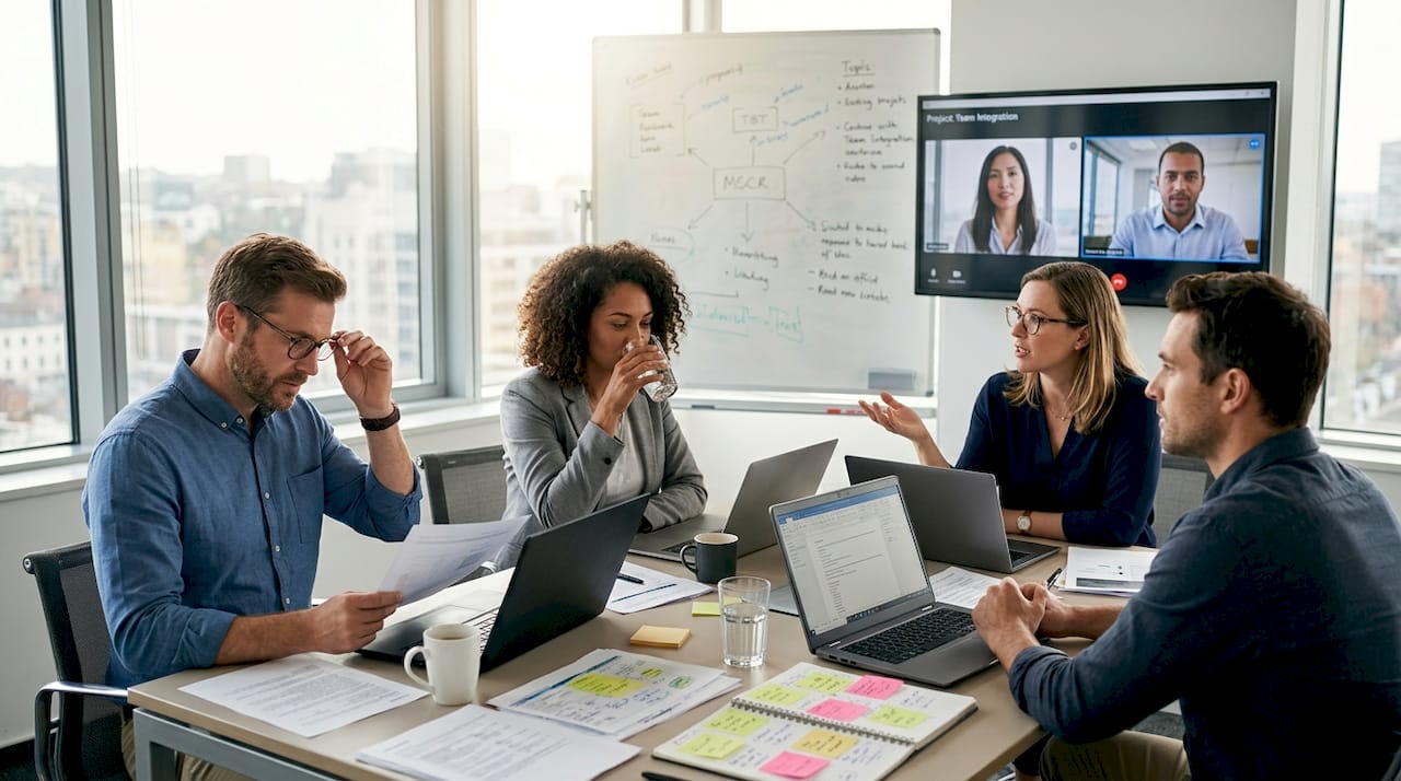Multinational team working in remote corner office
