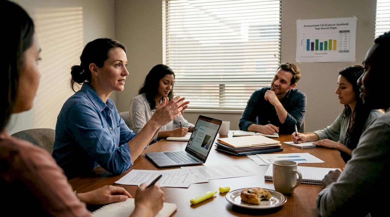 HR manager discussing assessment results with team