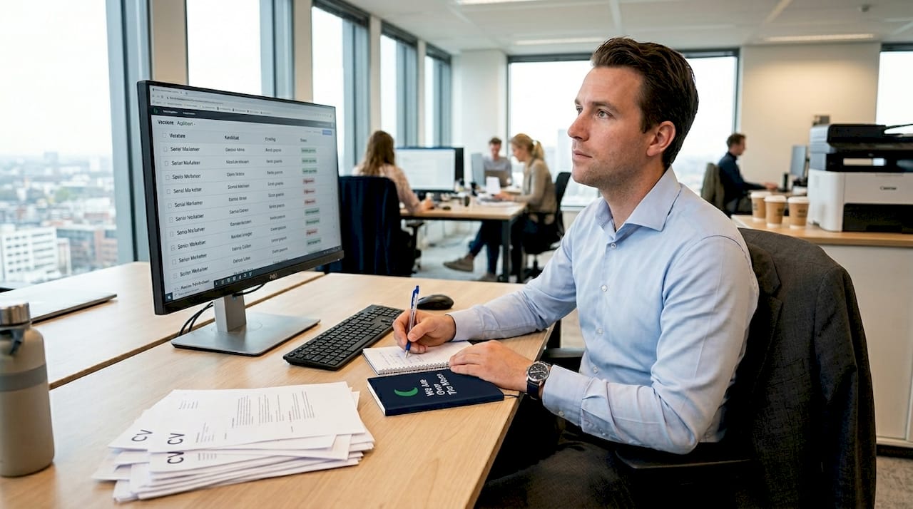 Op kantoor selecteert de recruiter zorgvuldig welke kandidaten doorgaan naar de volgende ronde.