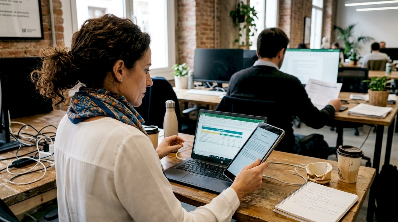 Especialista analizando y comparando información en diferentes dispositivos electrónicos