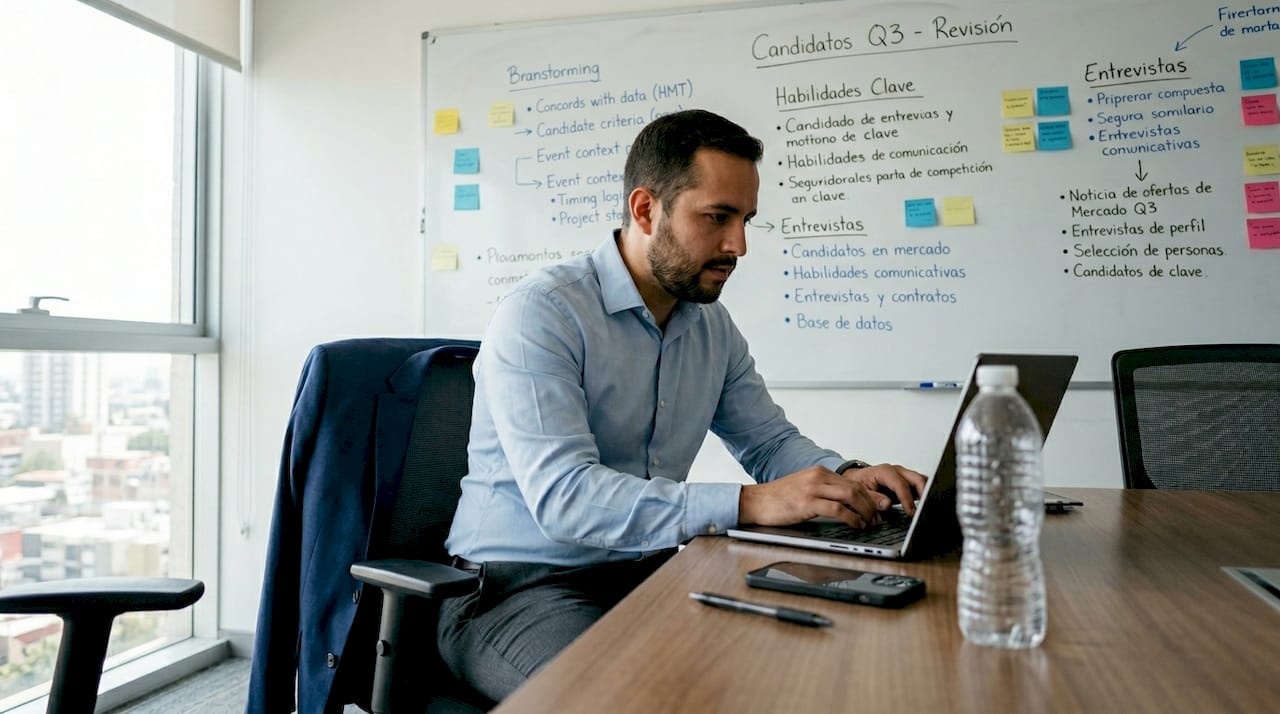 Un profesional analiza perfiles de candidatos durante una reunión en la sala de juntas.