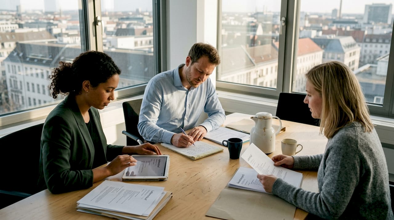 Das HR-Team sitzt gemeinsam am Konferenztisch und bespricht die Auswahl potenzieller Kandidaten.