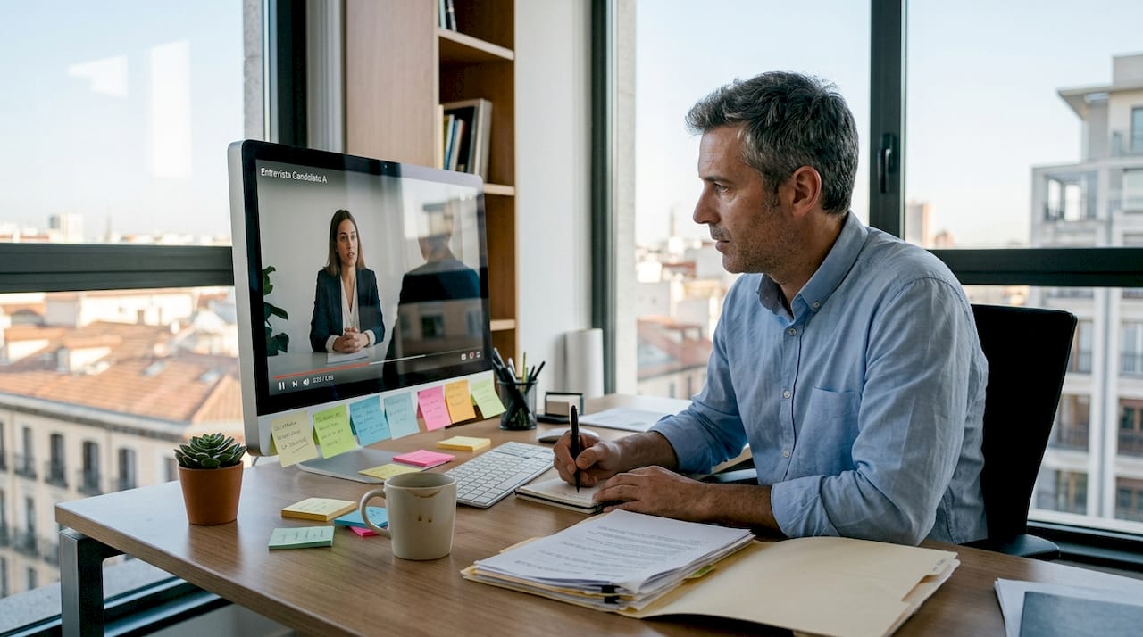 Encargada de Recursos Humanos revisando el resultado de una entrevista en su despacho