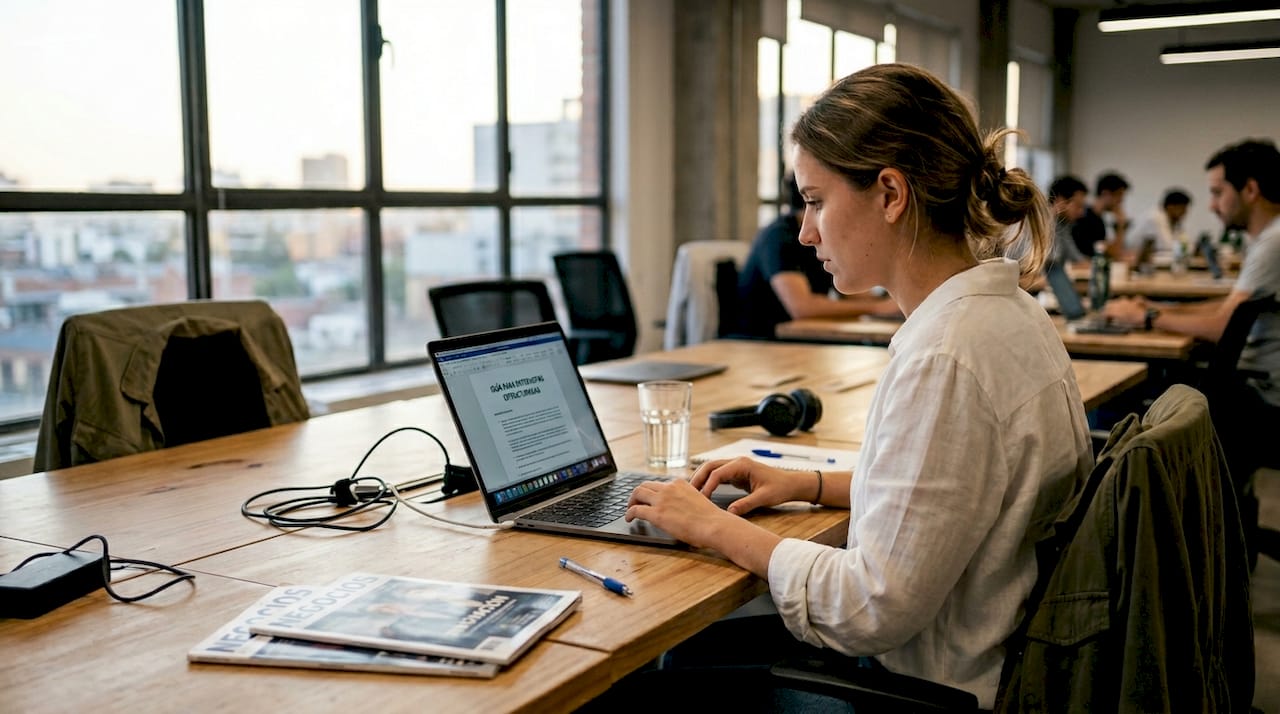 Consultando una guía en el portátil mientras trabajo en un espacio de coworking