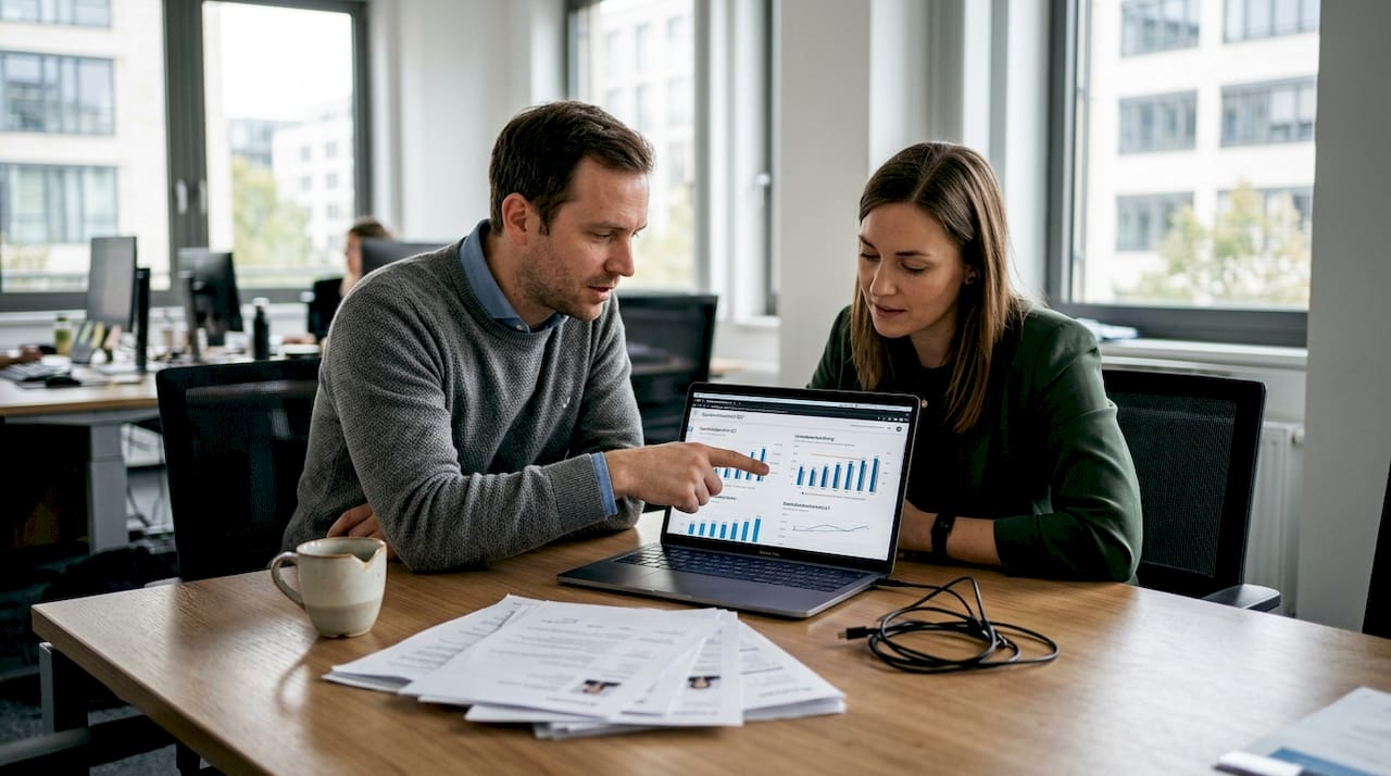 Im Besprechungsraum gehen die Kollegen gemeinsam die Bewerbungsunterlagen durch.