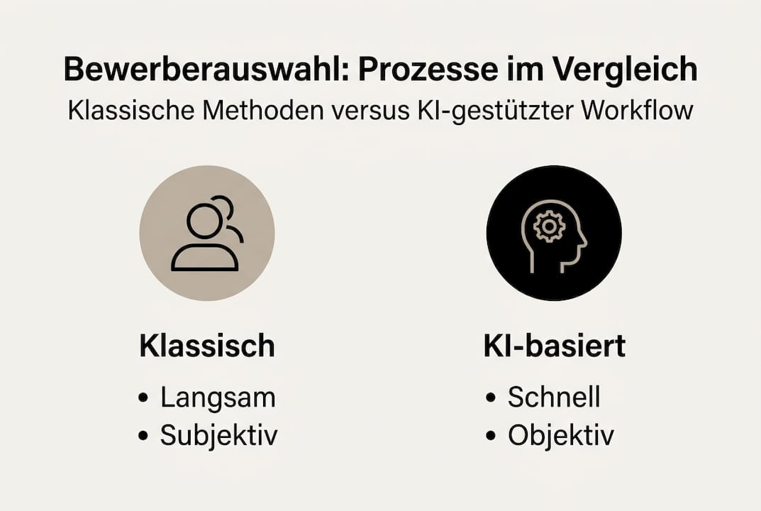 Infografik: Bewerberauswahl im Vergleich – traditionelles Verfahren vs. KI-gestützter Prozess