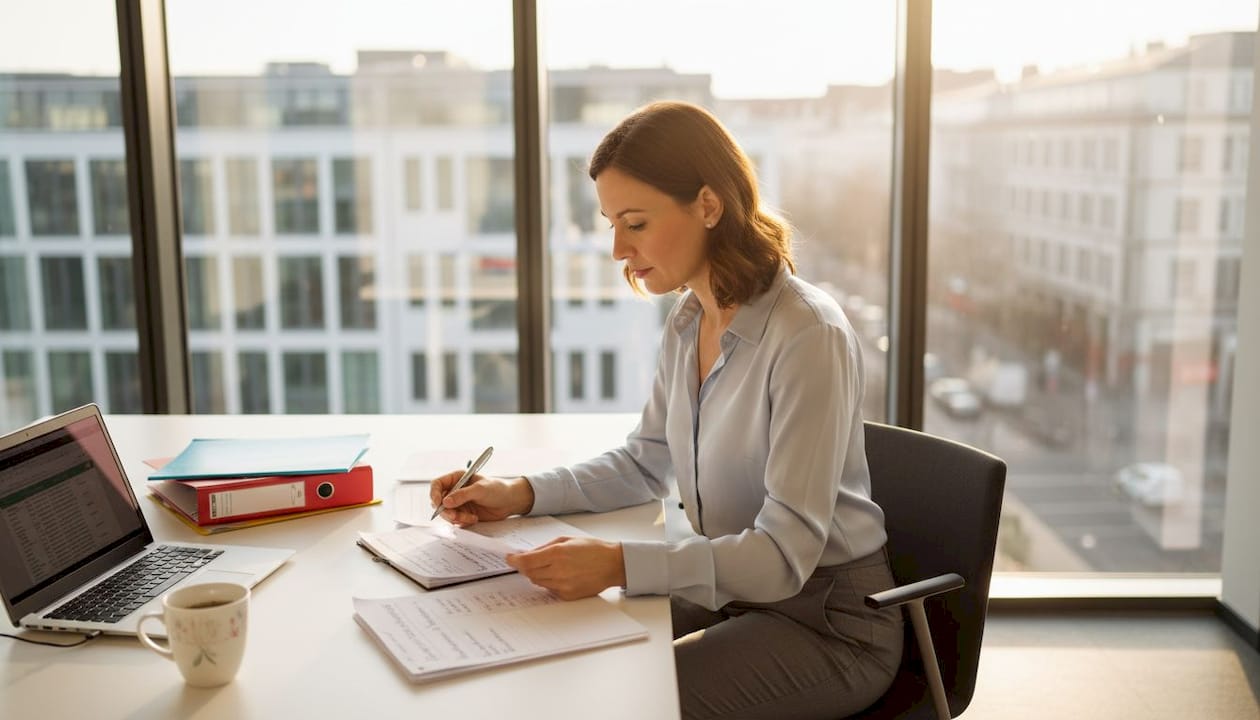 Eine HR-Managerin sichtet und sortiert Bewerbungsunterlagen an einem modernen Glastisch im Büro.